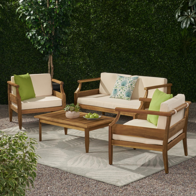 312161 Aston Outdoor Mid-Century Modern Acacia Wood 4 Seater Chat Set with Cushions, Teak and Cream