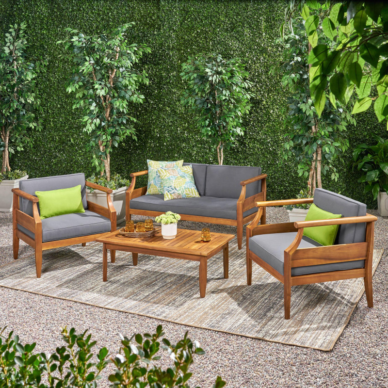 312162 Aston Outdoor Mid-Century Modern Acacia Wood 4 Seater Chat Set with Cushions, Teak and Dark Gray