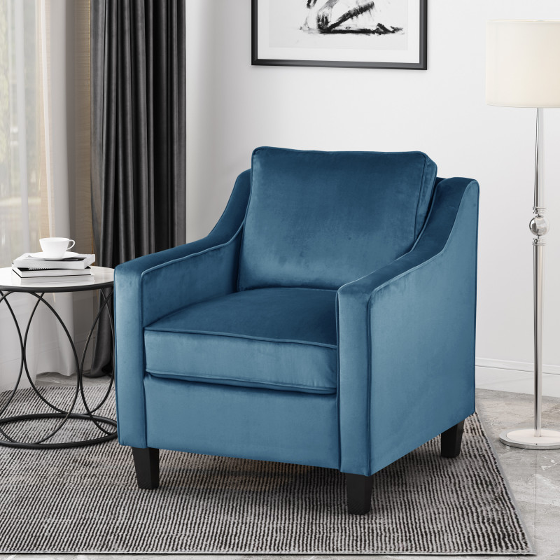 312250 Milo Contemporary Velvet Club Chair, Blue and Dark Brown