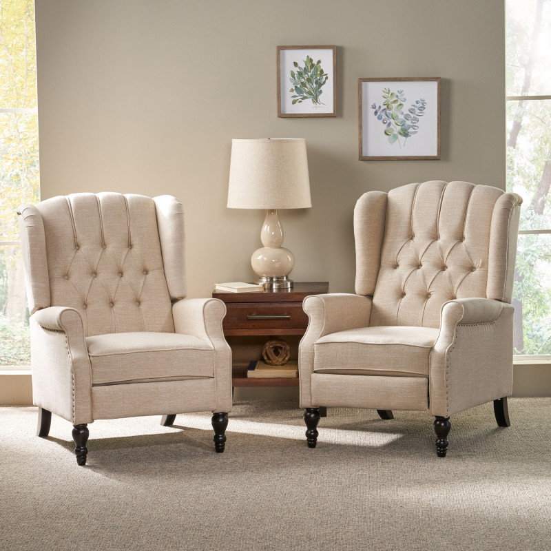 312259 Walter Contemporary Tufted Fabric Recliner (Set of 2), Beige and Dark Brown