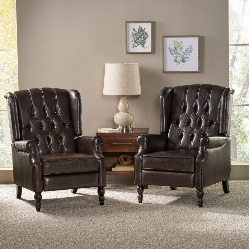 312260 Walter Contemporary Tufted Bonded Leather Recliner (Set of 2), Brown and Dark Brown