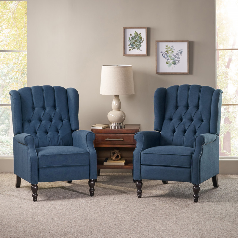312262 Walter Contemporary Tufted Fabric Recliner (Set of 2), Brown, Navy Blue and Dark Brown