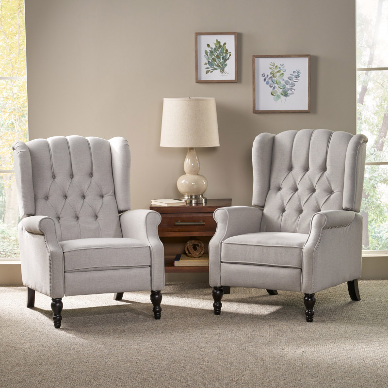 312263 Walter Contemporary Tufted Fabric Recliner (Set of 2), Brown, Light Gray and Dark Brown