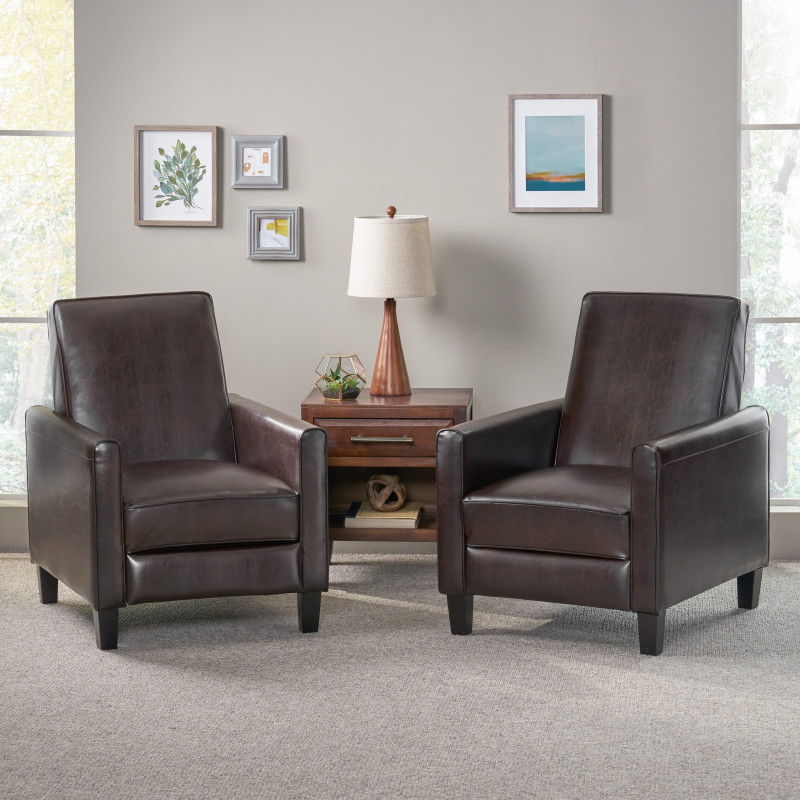 312266 Darvis Contemporary Bonded Leather Recliner (Set of 2), Brown and Dark Brown
