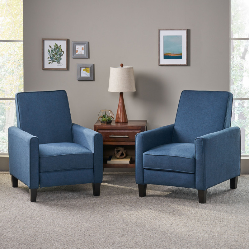 312272 Darvis Contemporary Fabric Recliner (Set of 2), Navy Blue and Dark Brown