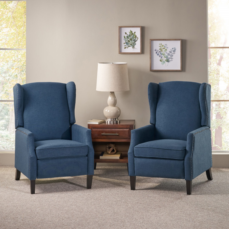 312275 Wescott Contemporary Fabric Recliner (Set of 2), Navy Blue and Dark Brown