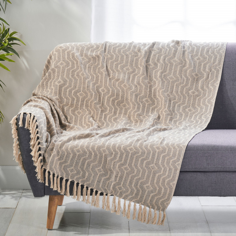 312393 Freda Boho Handcrafted Cotton Throw Blanket, Gray and Natural