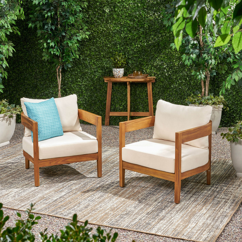 312395 Brooklyn Outdoor Acacia Wood Club Chair with Cushions (Set of 2), Teak and Beige