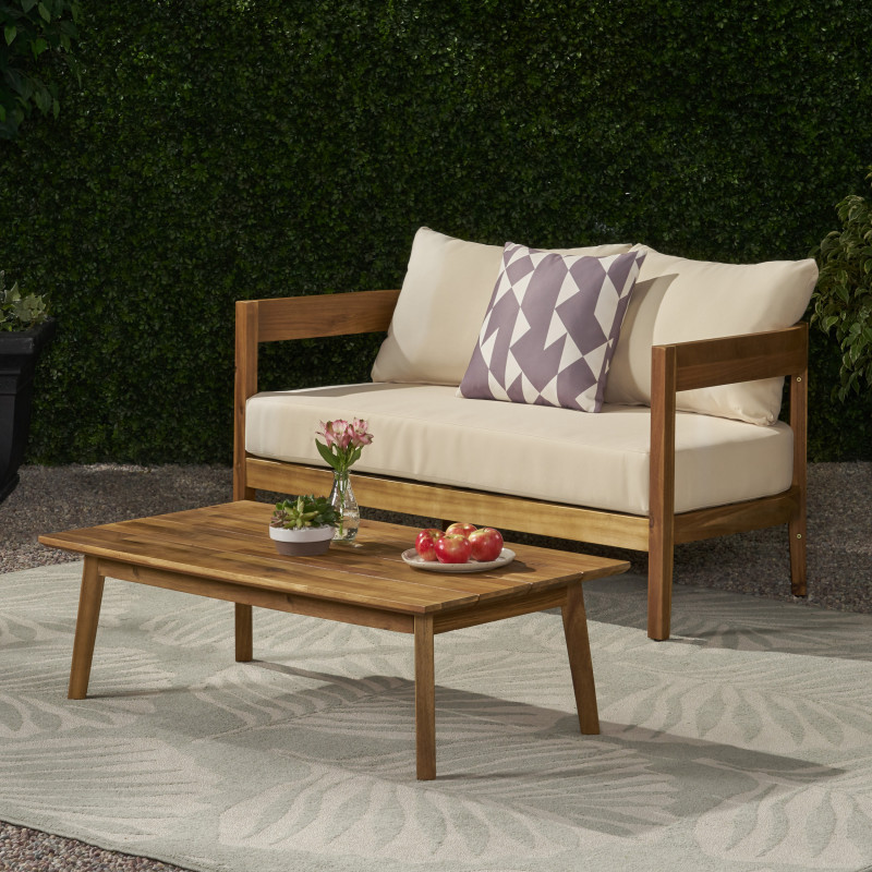312396 Brooklyn Outdoor Acacia Wood Loveseat Set with Coffee Table, Teak and Beige