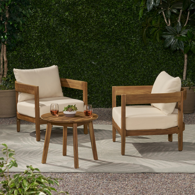312398 Brooklyn Outdoor Acacia Wood 2 Seater Chat Set with Cushions, Teak and Beige