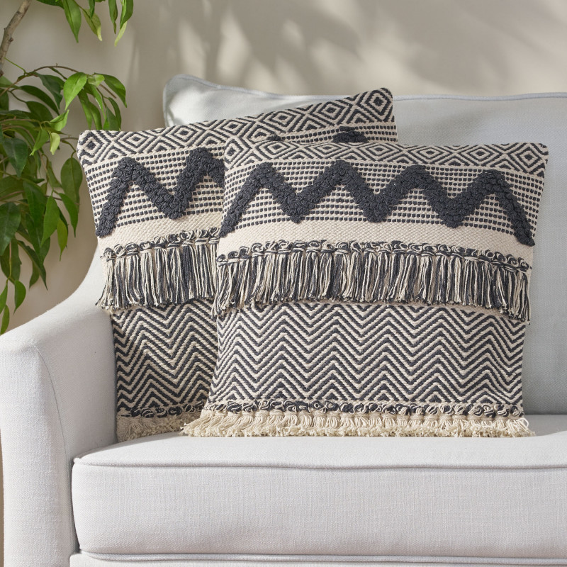 312535 Atwick Hand-Loomed Boho Throw Pillow (Set of 2), Beige and Dark Gray