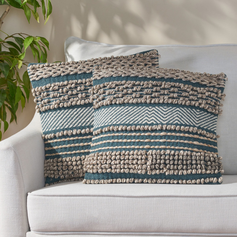 312539 Ayrdale Hand-Loomed Boho  Throw Pillow (Set of 2), Emerald Green and Gray