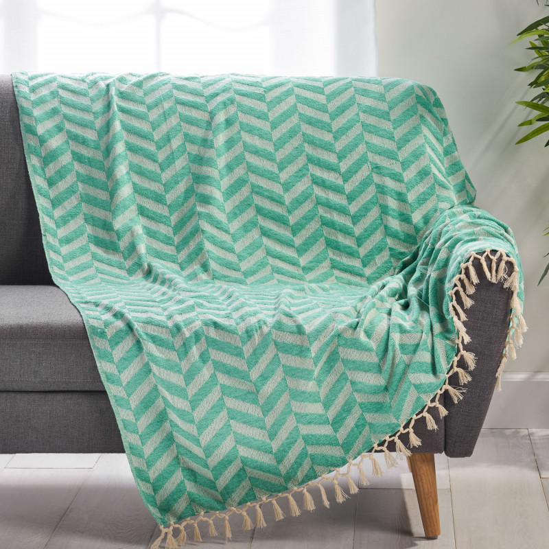 312586 Bervy Hand-Loomed Throw Blanket, Teal and Natural