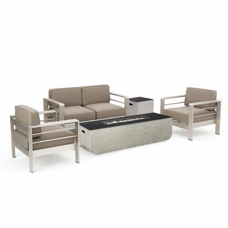 312622 Cape Coral Outdoor 4 Seater Aluminum Chat Set with Fire Pit, Silver and Khaki
