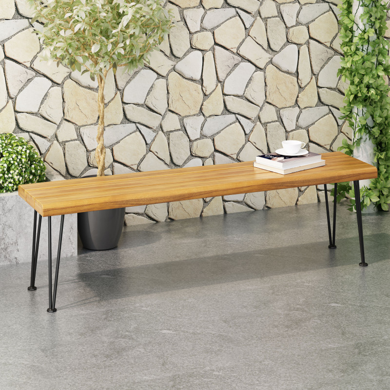 312780 Zion Outdoor Modern Industrial Acacia Wood Bench with Metal Hairpin Legs, Teak and Rustic Metal
