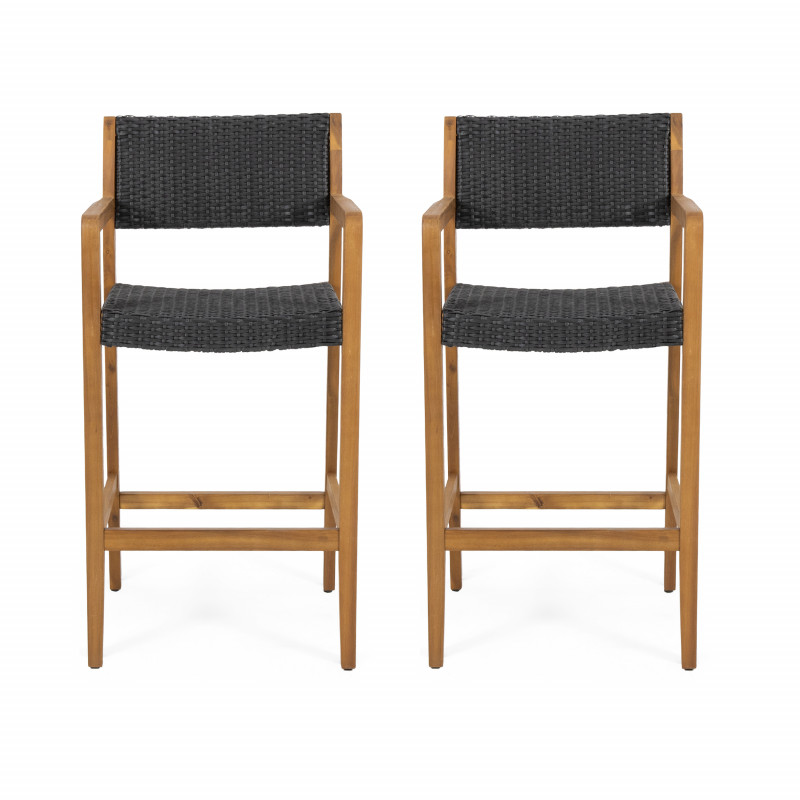 312831 Genesee Outdoor Acacia Wood Barstools with Wicker (Set of 2), Teak and Black