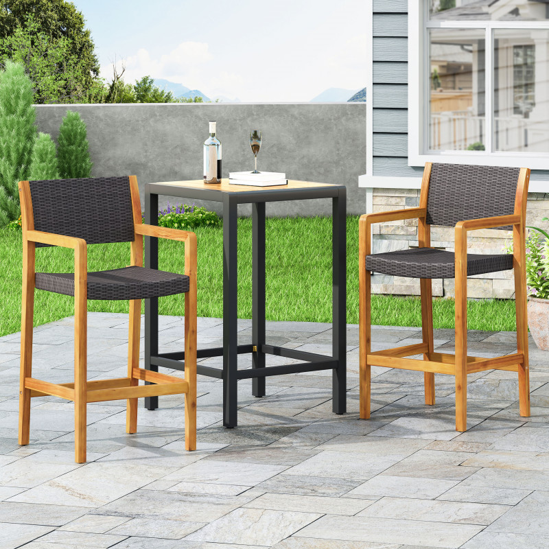 312831 Genesee Outdoor Acacia Wood Barstools with Wicker (Set of 2), Teak and Black