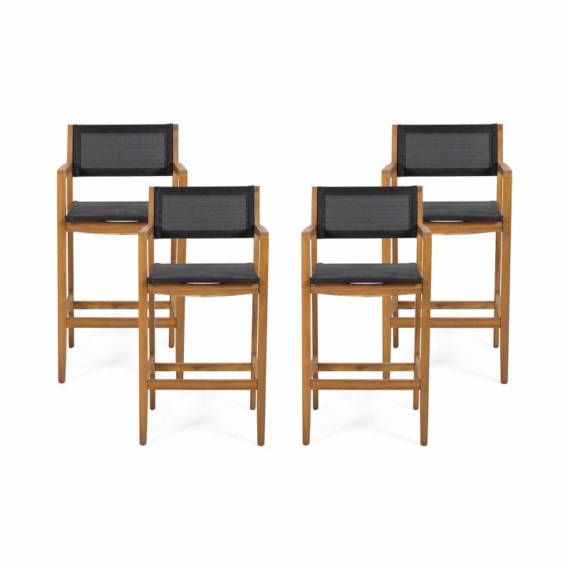 312832 Fairfax Outdoor Acacia Wood Barstools with Outdoor Mesh (Set of 4), Teak and Black