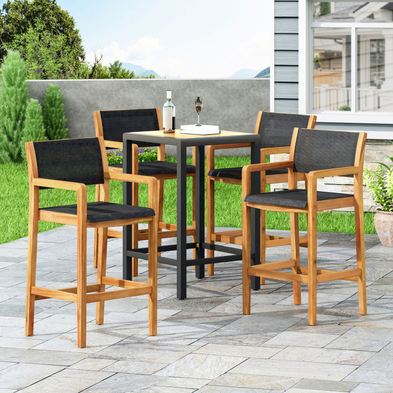 312832 Fairfax Outdoor Acacia Wood Barstools with Outdoor Mesh (Set of 4), Teak and Black