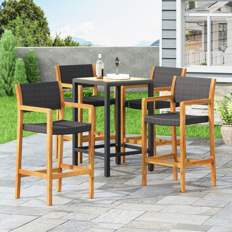 312833 Genesee Outdoor Acacia Wood Barstools with Wicker (Set of 4), Teak and Black