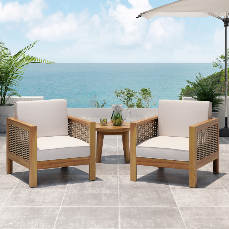 312956 Linwood Outdoor Acacia Wood Club Chair with Wicker Accents (Set of 2), Teak, Mixed Brown, and Beige