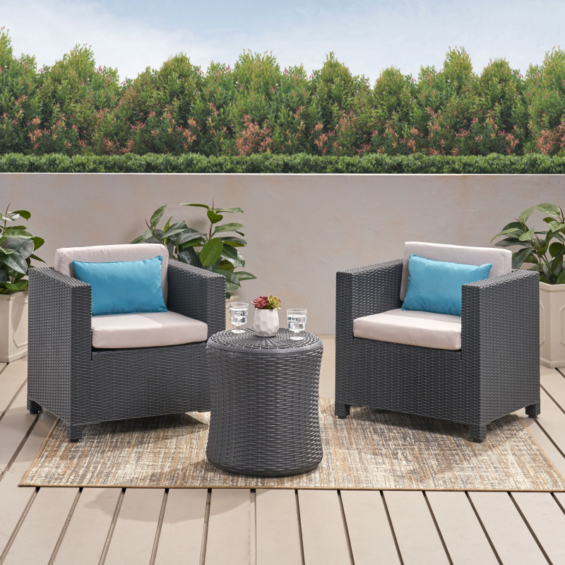 312993 Olivo Outdoor 2 Seater Faux Wicker Chat Set with Cushions, Dark Gray and Gray