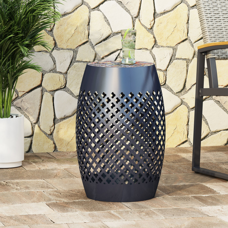 313055 Roswell Outdoor Lace Cut Side Table with Tile Top, Dark Blue and Multi-Color