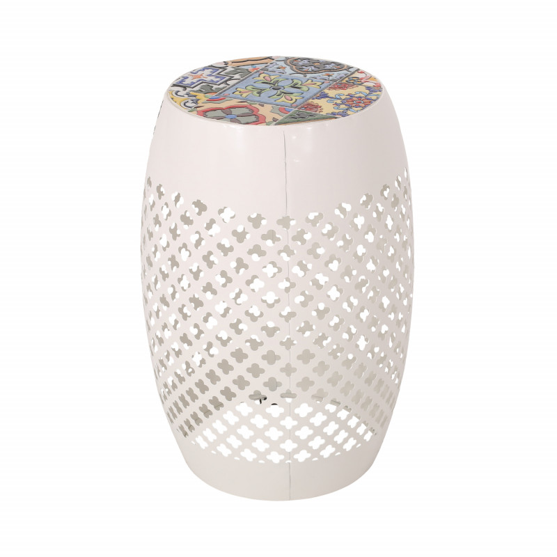 Rucker Indoor Lace Cut Side Table with Tile Top, White and Multi-Color ...