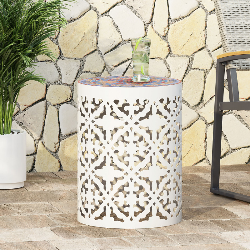 313060 Castana Outdoor Lace Cut Side Table with Tile Top, White and Multi-Color