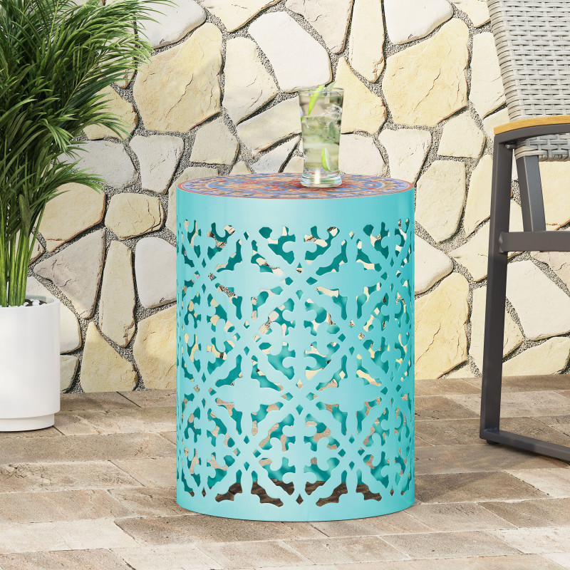 313062 Castana Outdoor Lace Cut Side Table with Tile Top, Teal and Multi-Color