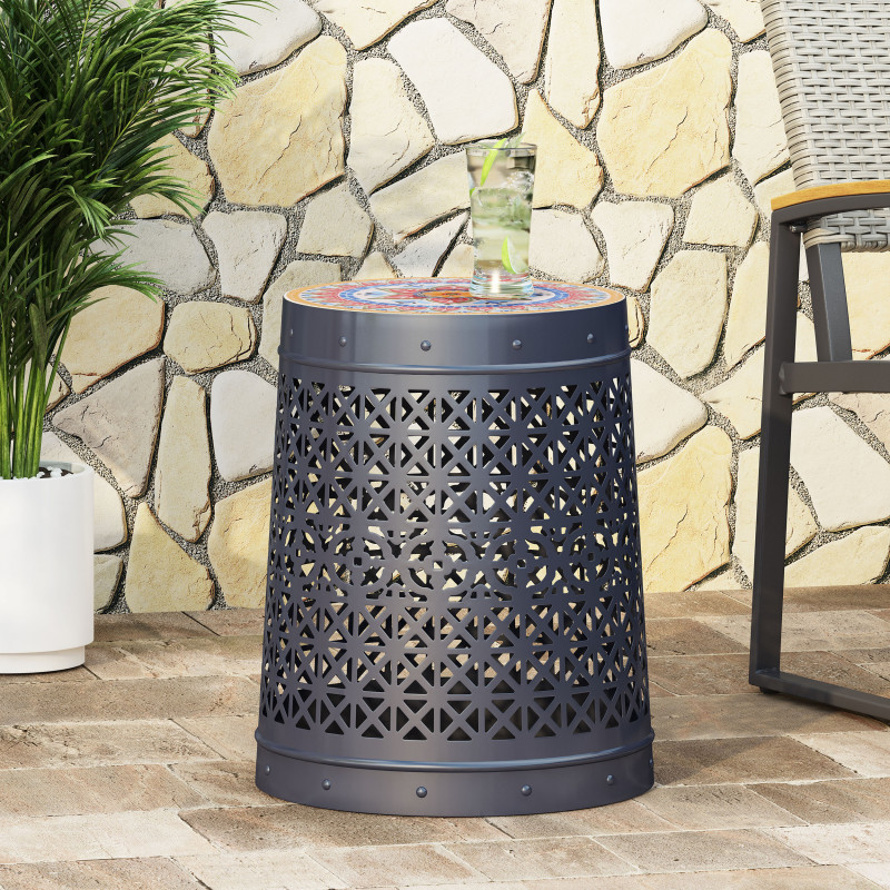 313067 Cranbrook Outdoor Lace Cut Side Table with Tile Top, Dark Blue and Multi-Color
