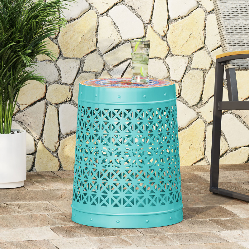 313068 Cranbrook Outdoor Lace Cut Side Table with Tile Top, Teal and Multi-Color