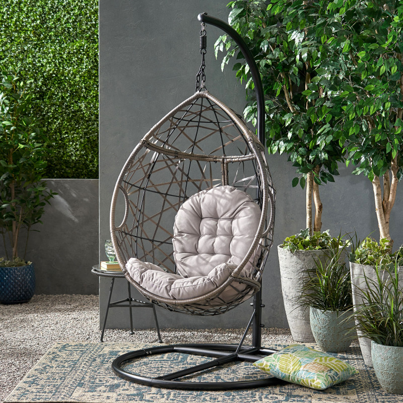 313159 Cayuse Outdoor Wicker Tear Drop Hanging Chair, Gray and Black