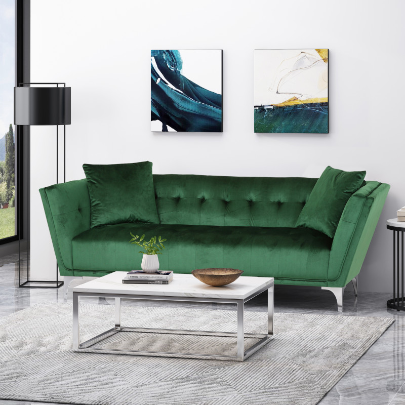 313240 Chopline Modern Glam 3 Seater Velvet Sofa, Emerald and Silver