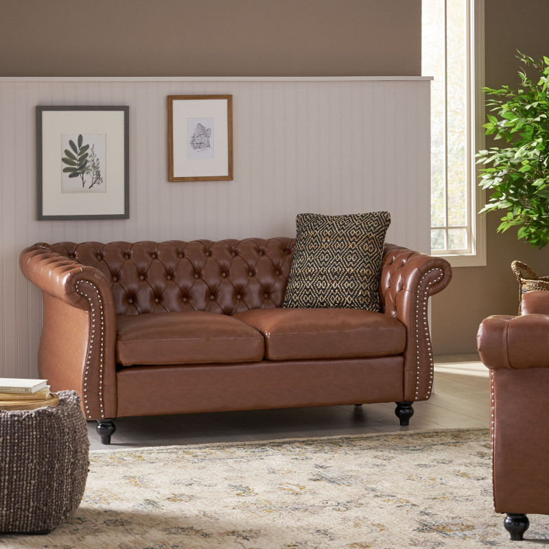 313267 Silverdale Traditional Chesterfield Loveseat, Cognac Brown and Dark Brown
