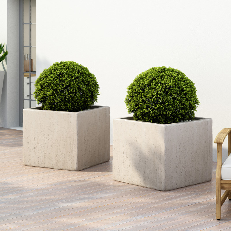 313323 Ella Outdoor Modern Large Cast Stone Square Planters (Set of 2), White