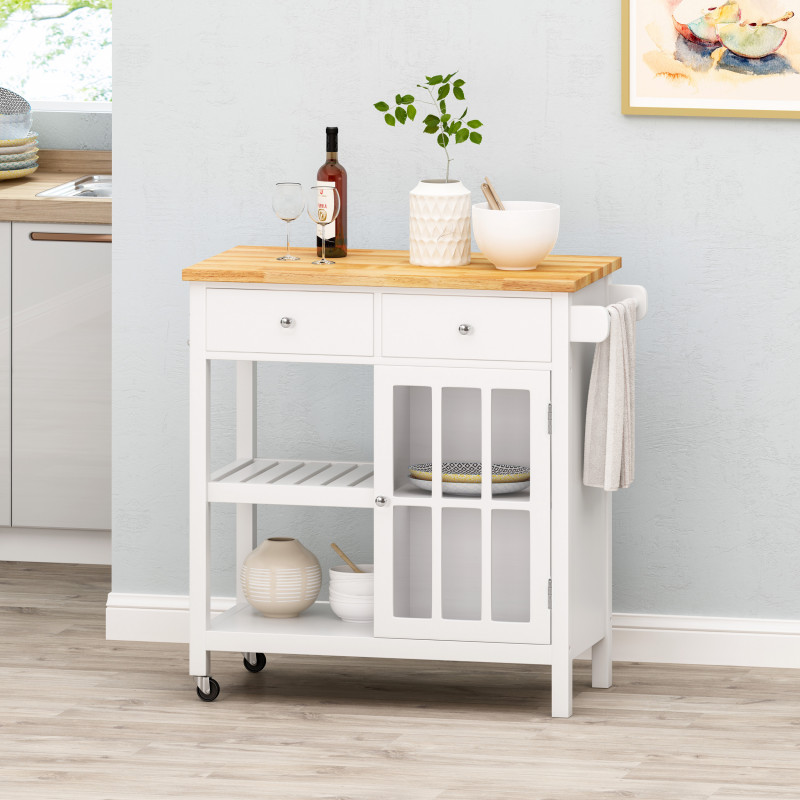 313348 Byway Contemporary Kitchen Cart with Wheels, White and Natural