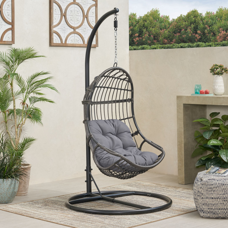 313529 Crumpton Outdoor Wicker Hanging Chair with Stand, Gray and Dark Gray
