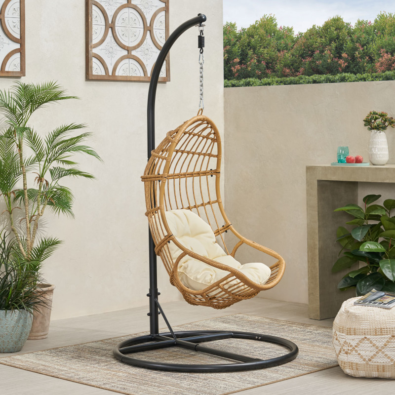 313530 Crumpton Outdoor Wicker Hanging Chair with Stand, Light Brown and Beige