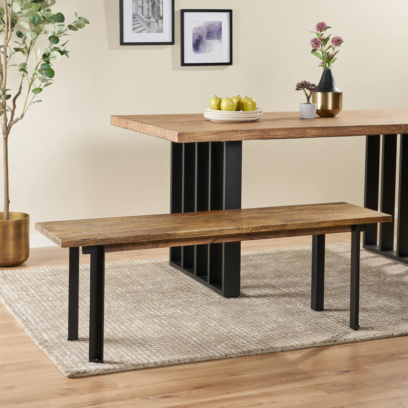 313608 Pisgah Handcrafted Modern Industrial Mango Wood Dining Bench, Country Brown and Black