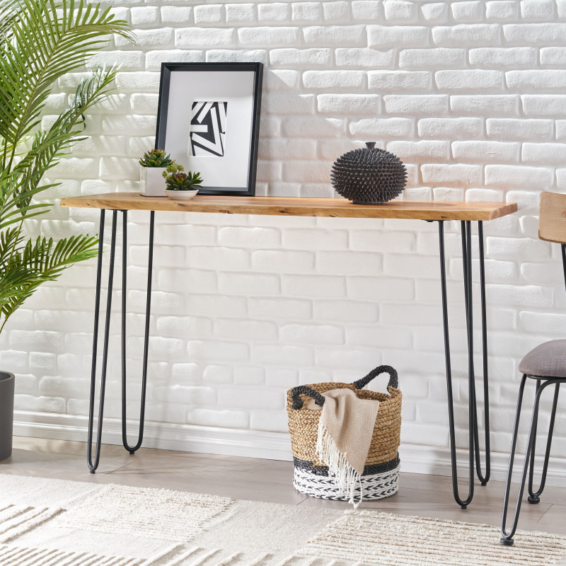 313610 Plumb Handcrafted Modern Industrial Acacia Wood Console Table with Hairpin Legs, Natural and Black