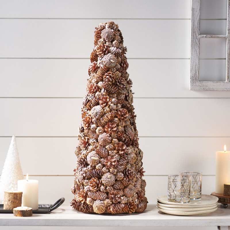 313661 Pre-Decorated Pine Cone and Glitter Unlit Artificial Tabletop Christmas Tree, Champagne