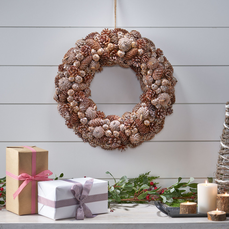 313666 18.5" Pine Cone and Glitter Unlit Artificial Christmas Wreath, Champagne