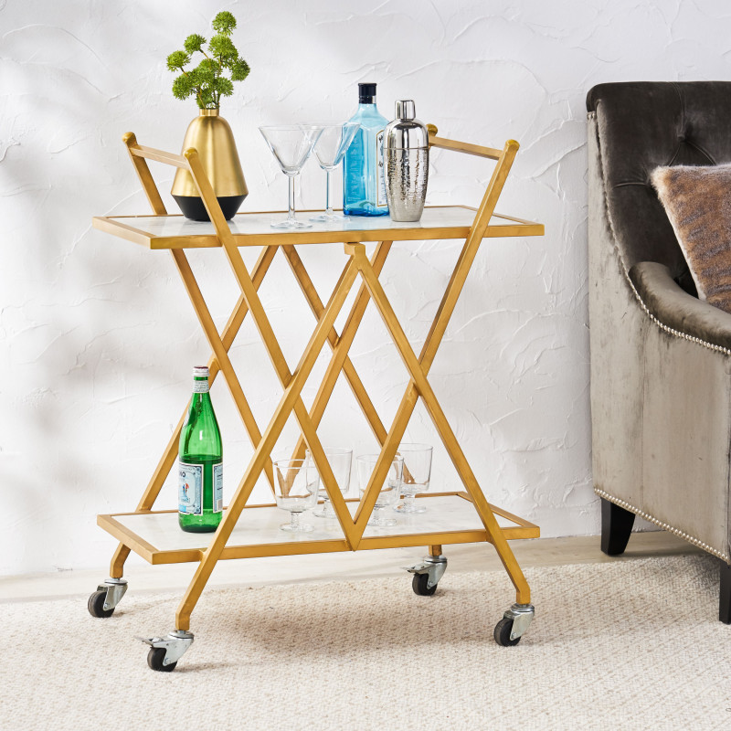 313712 Chaves Handcrafted Modern Glam Marble Bar Cart, Gold and White