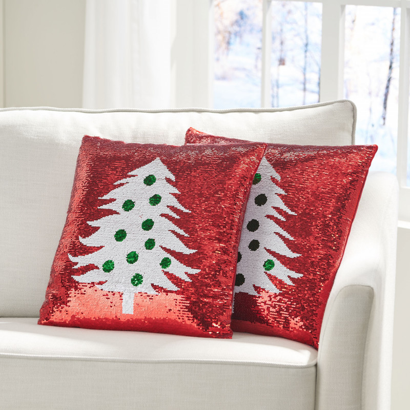 313787 Texola Glam Sequin Christmas Throw Pillow (Set of 2), Red and White Tree