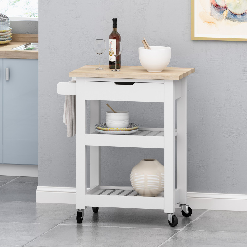 313976 Dade Kitchen Cart with Wheels, White and Natural
