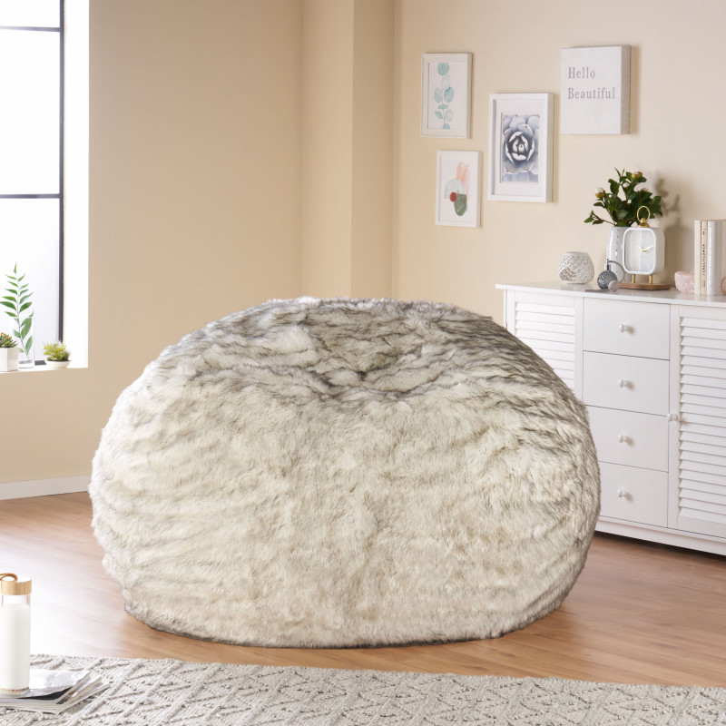 313990 Schley Modern Glam 5 Foot Short Faux Fur Bean Bag, White and Gray