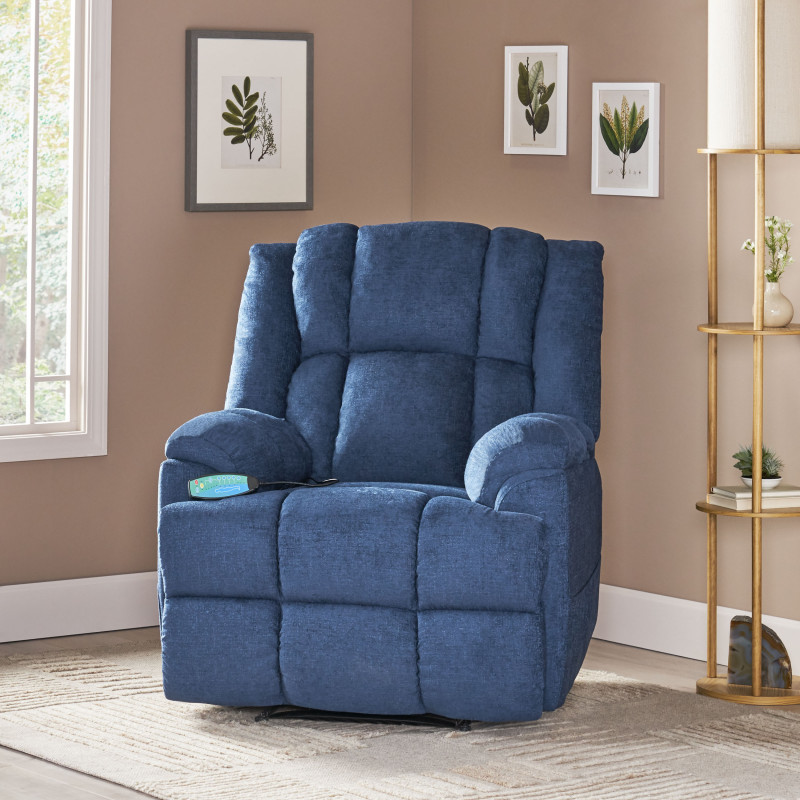 314185 Coosa Contemporary Pillow Tufted Massage Recliner, Navy Blue