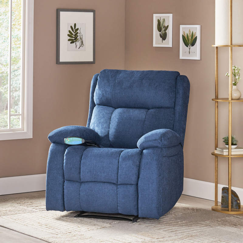 314188 Lindale Contemporary Pillow Tufted Massage Recliner, Navy Blue