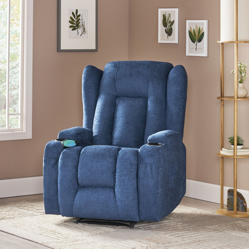 314191 Lavonia Contemporary Pillow Tufted Massage Recliner, Navy Blue